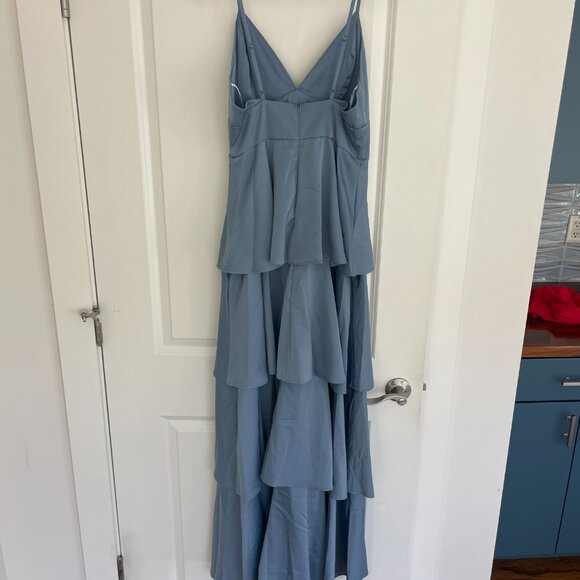 Lulus Going with Slate Blue Satin Tiered Gown - Picture 5 of 6